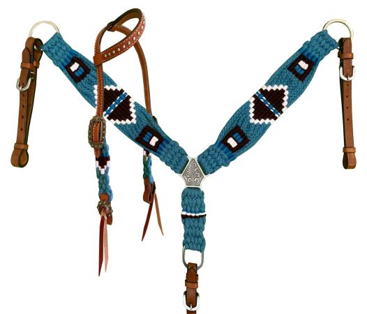 Showman Pony Size Corded One Ear Headstall &amp; Breast collar set - turquoise, black, and white